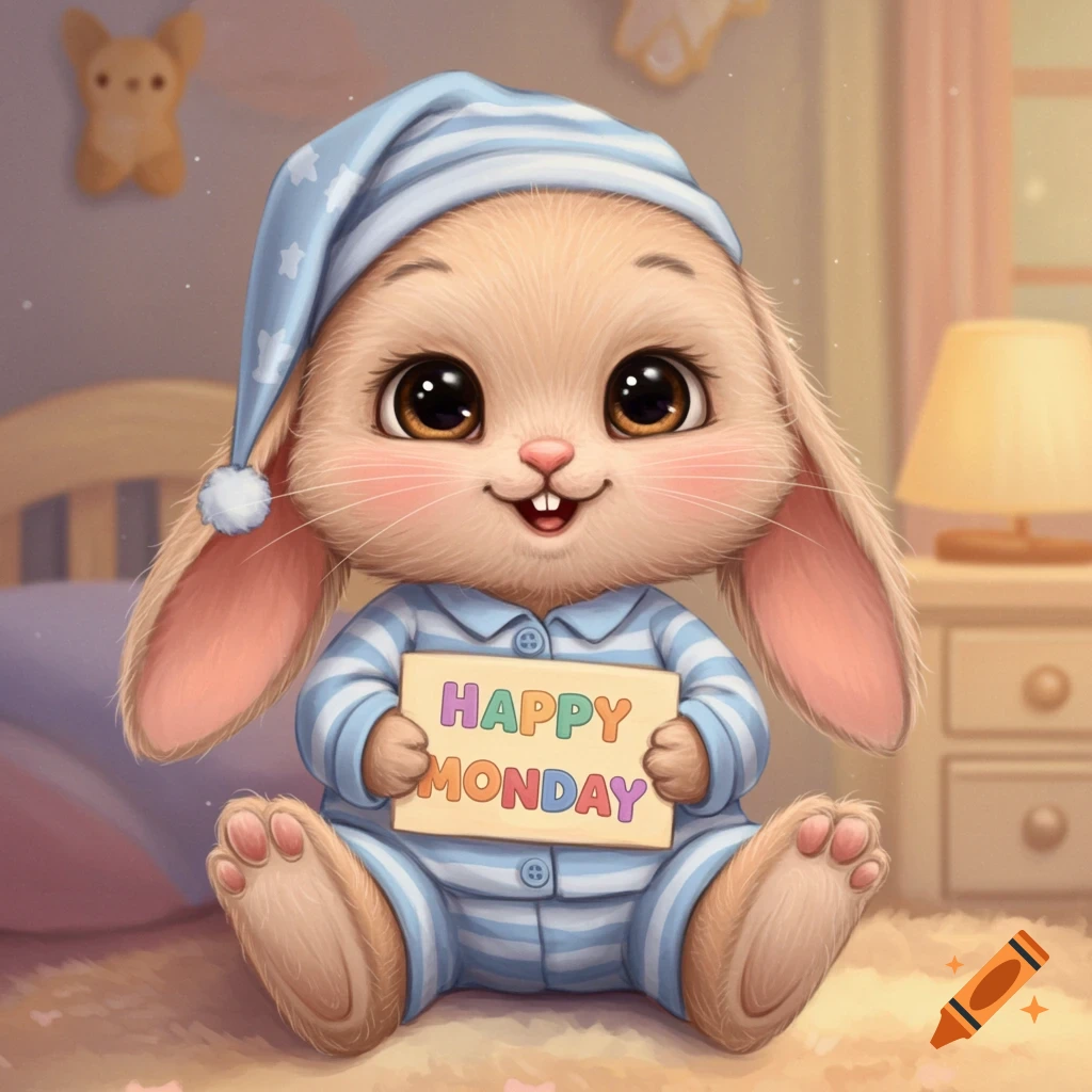 A cute cartoon baby rabbit wearing pajamas holds a sign that says 'Happy Monday' in a cozy scene.
