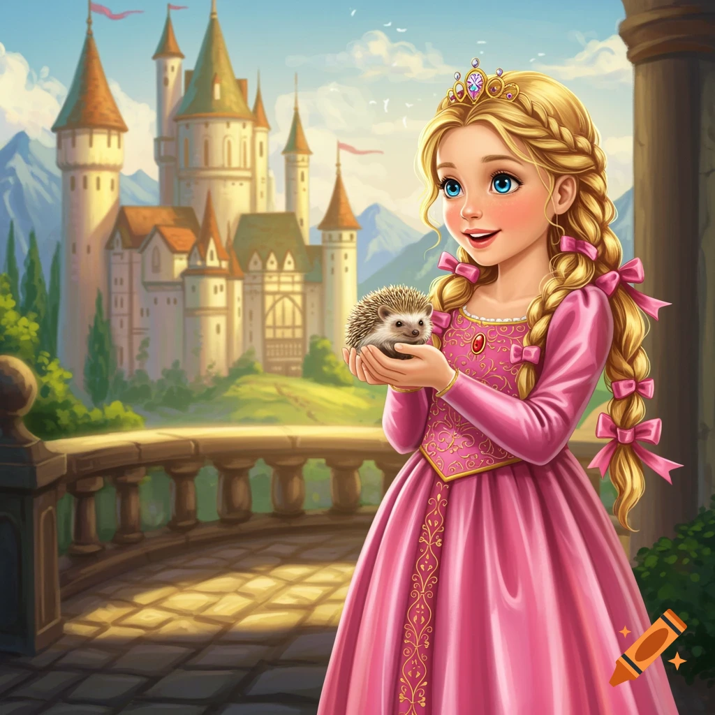 A princess holds a hedgehog on a balcony overlooking a castle.