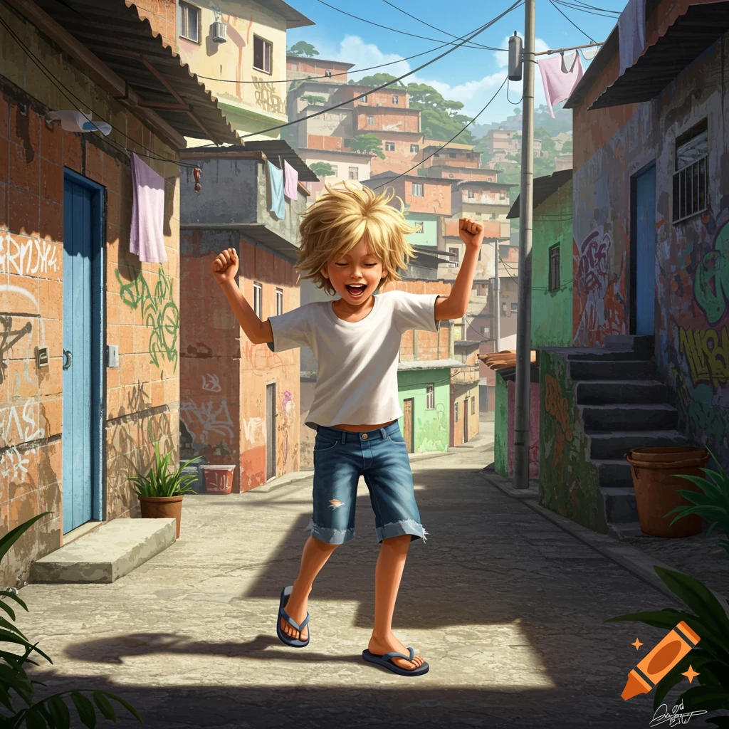 A blond boy dances joyfully in a vibrant favela street.