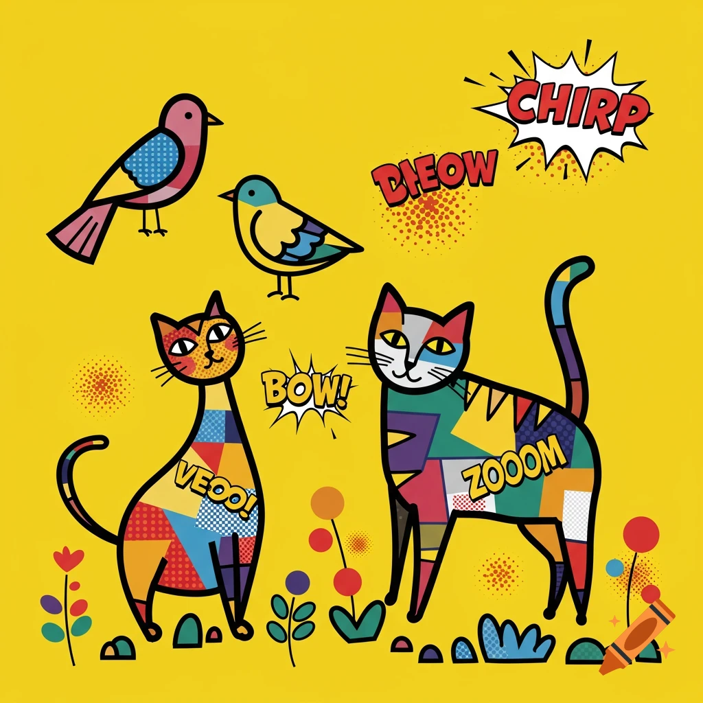 Two stylized cats and two birds with colorful patchwork patterns on a yellow background, with pop art sound effect words.