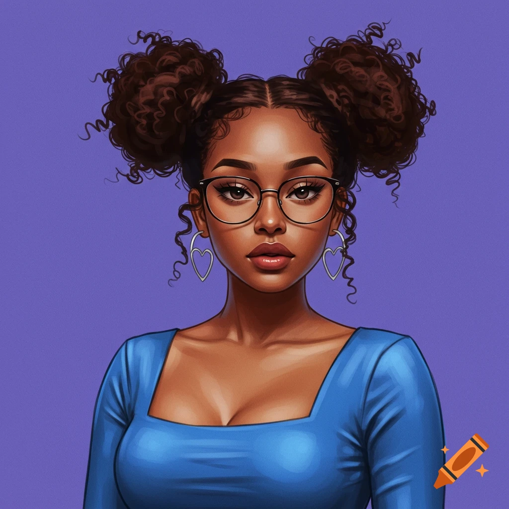 A portrait of a Black woman with space buns, glasses, and heart earrings.