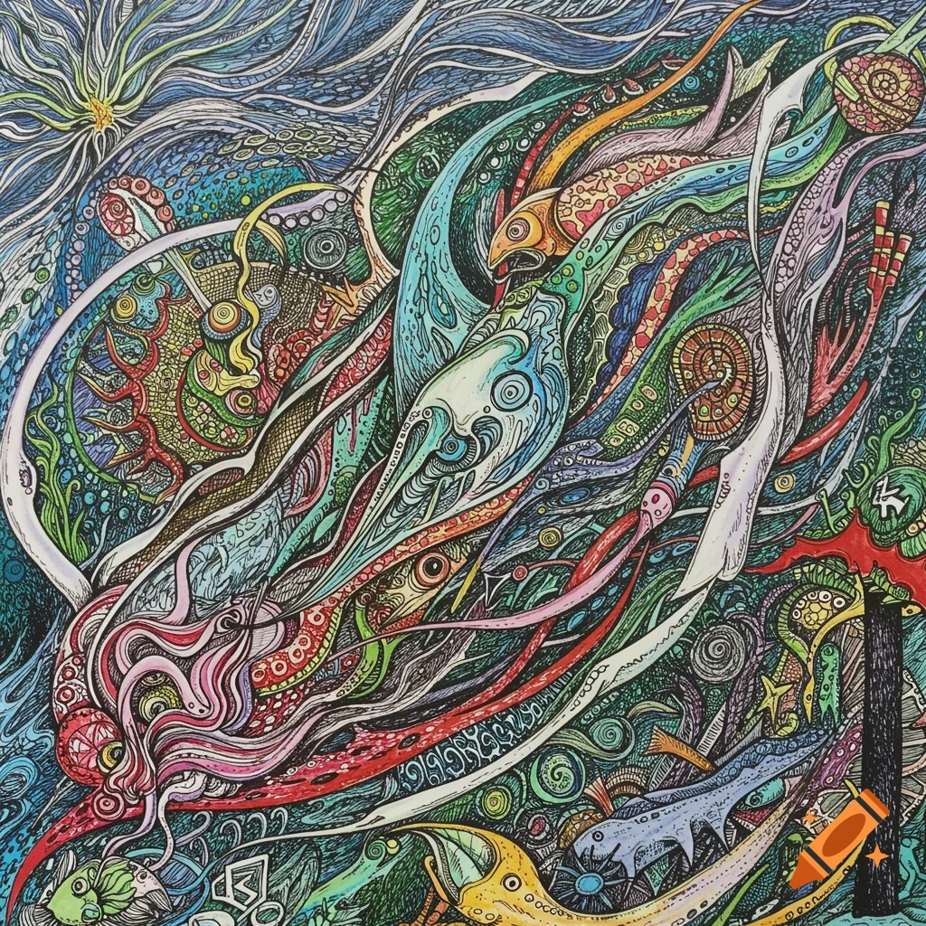 Abstract drawing of colorful intertwined marine life forms and organic shapes.