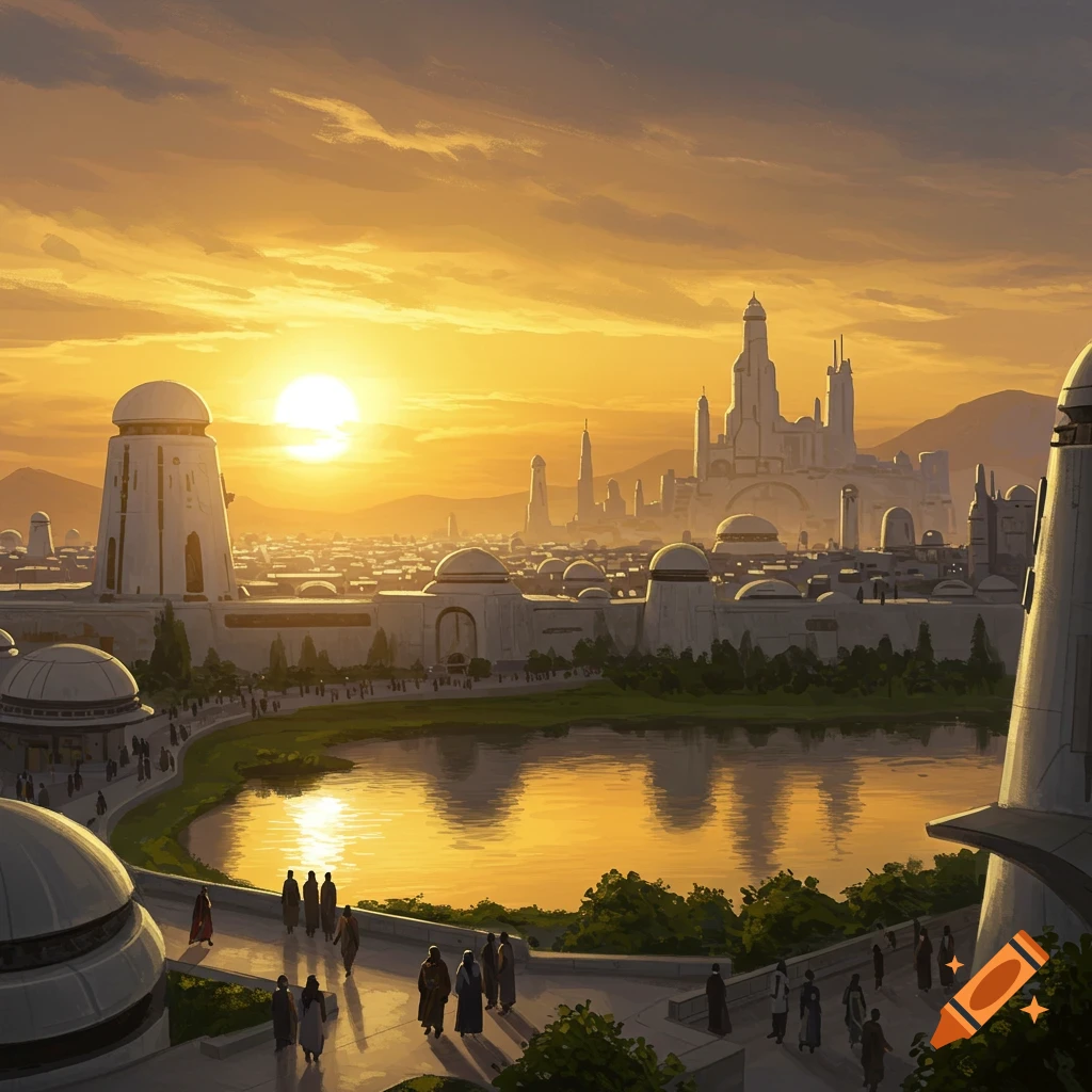 Painting of a science fiction city with domes and towers beside a lake at sunset, with people walking along the shore.