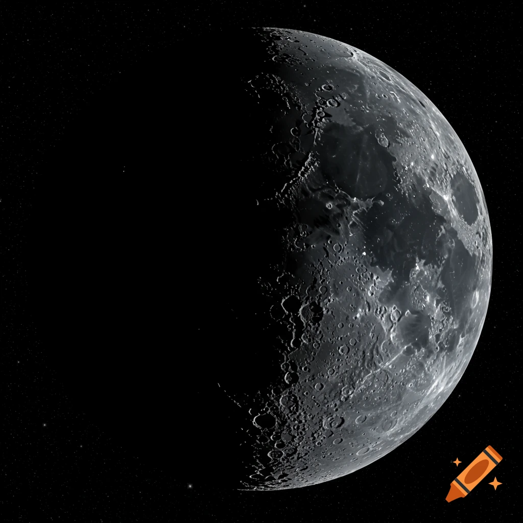 A half-lit moon against a starry background.