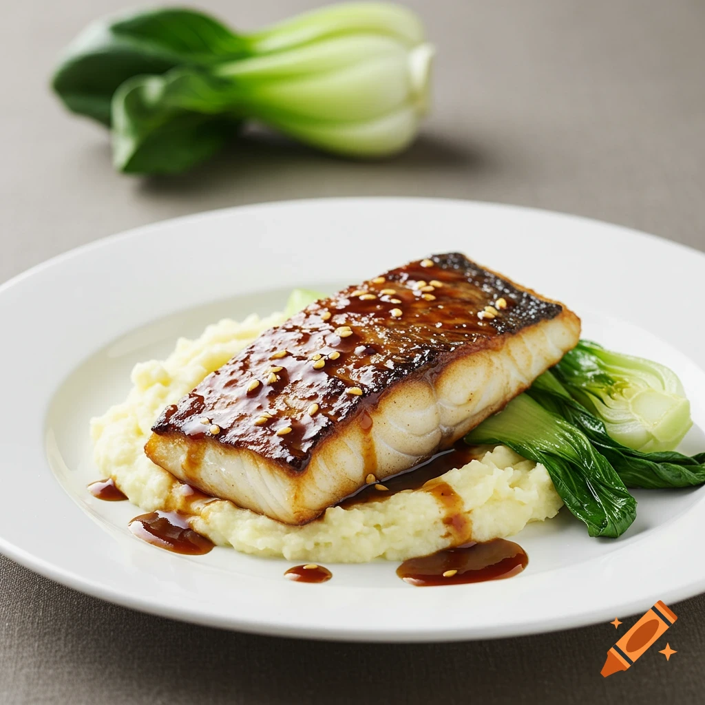 Plate of miso cod on mashed potato and bok choy