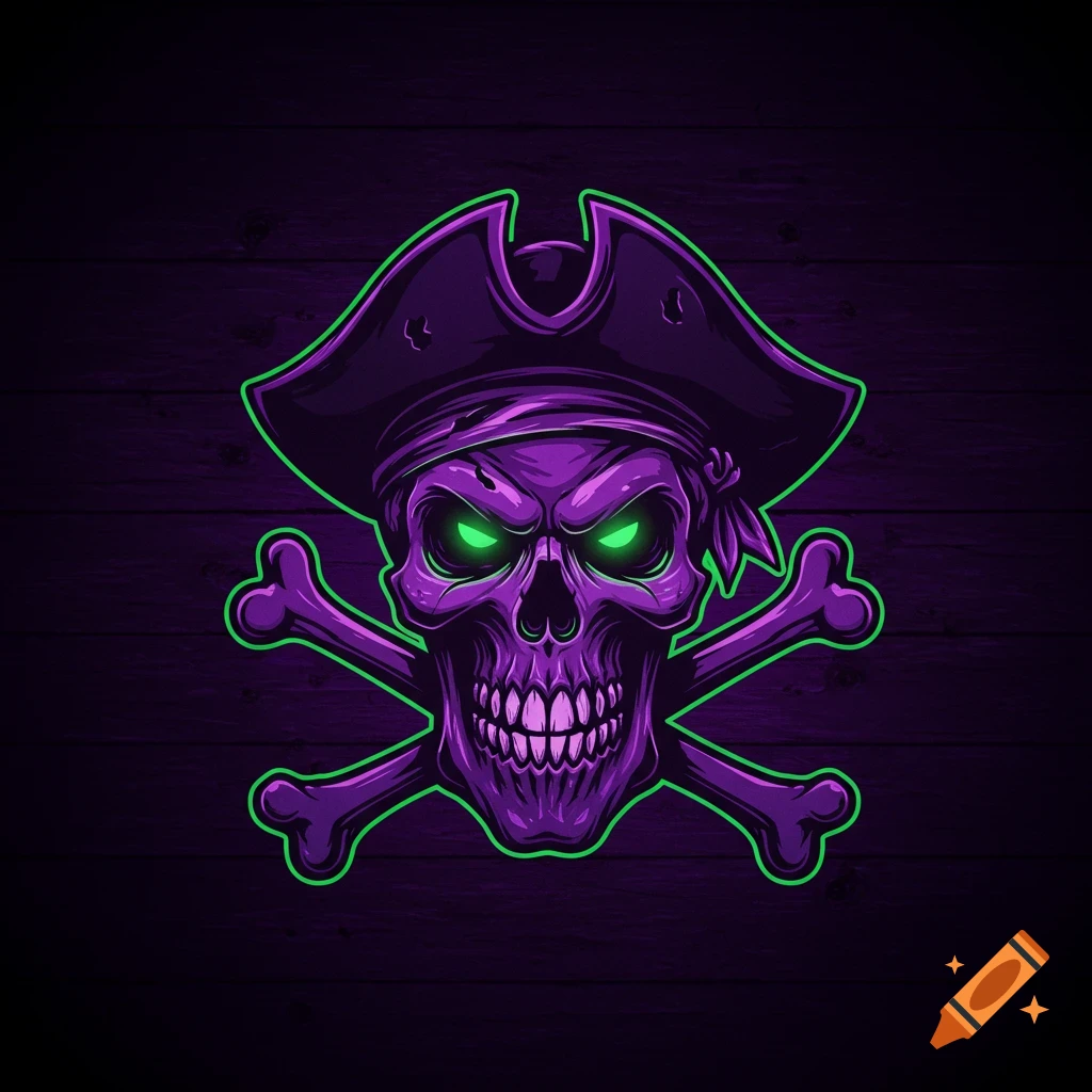 Pirate skull logo, purple and neon green