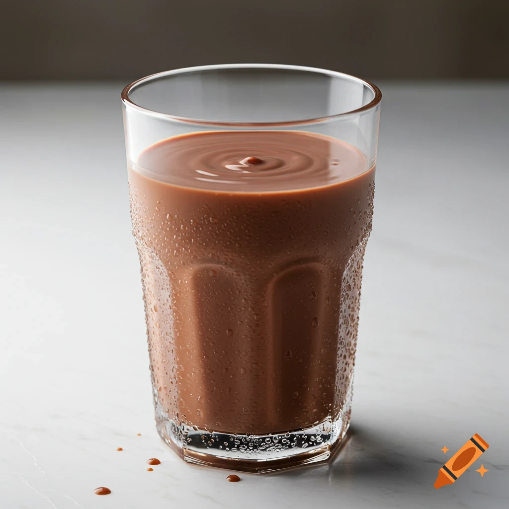 Glass of chocolate milk with condensation, ripples, and spills, photorealistic.