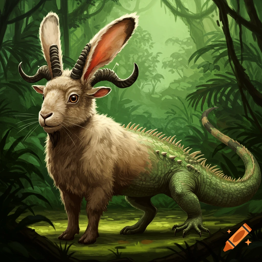 A hybrid creature resembling a rabbit, goat, and iguana stands in a jungle.