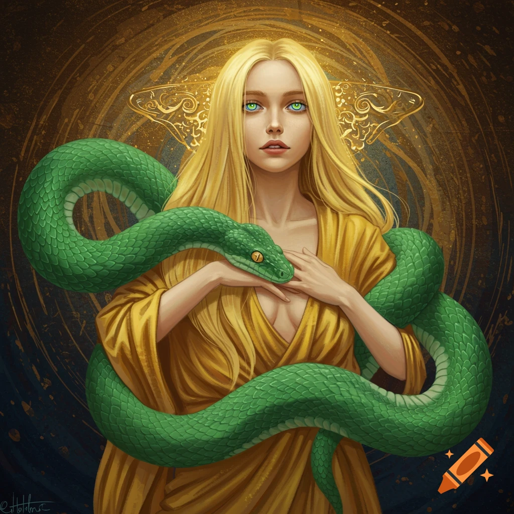A blonde woman with a green snake wrapped around her.