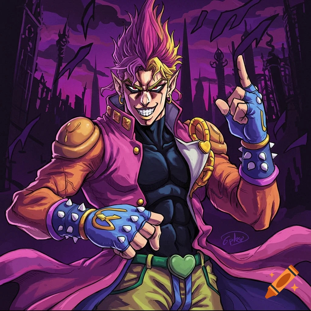 Anime style illustration of a character fusion of Dio and Wario in a long coat against a dark, gothic background.