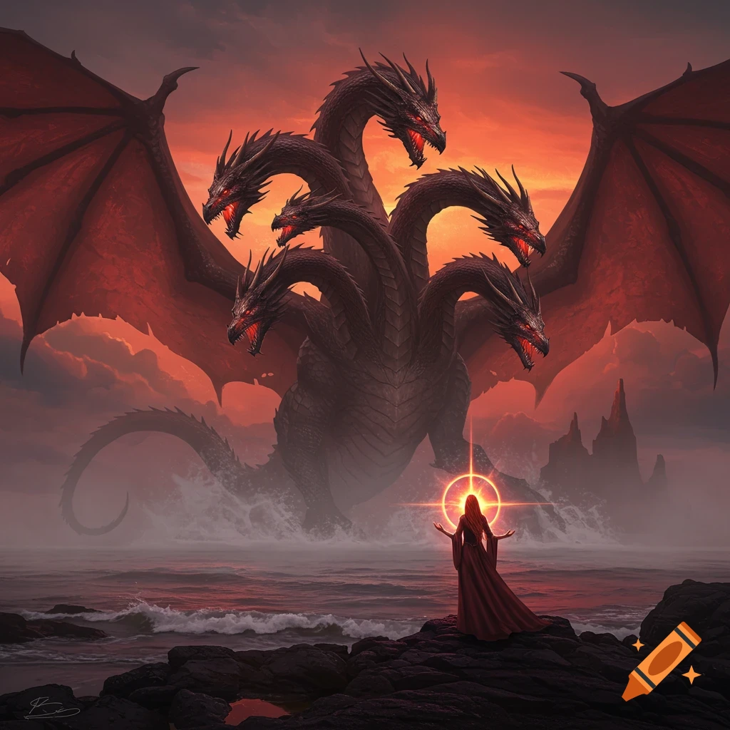 A multi-headed dragon emerges from the sea, a glowing figure stands on a rocky shore.