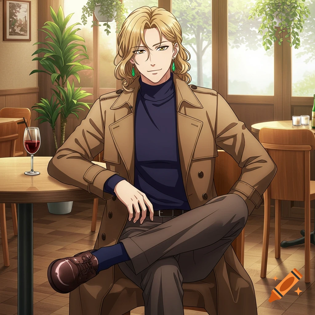 Anime man with blonde hair in a trench coat sits in a cafe.