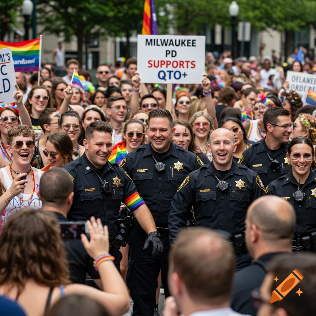 Police officers smile in a crowd with rainbow flags and signs, one sign reads 'Milwaukee PD SUPPORTS QTO+'.