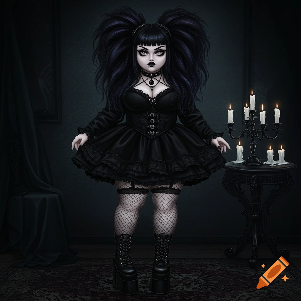 A goth girl in a black dress, fishnets, and platform boots, standing near candles.