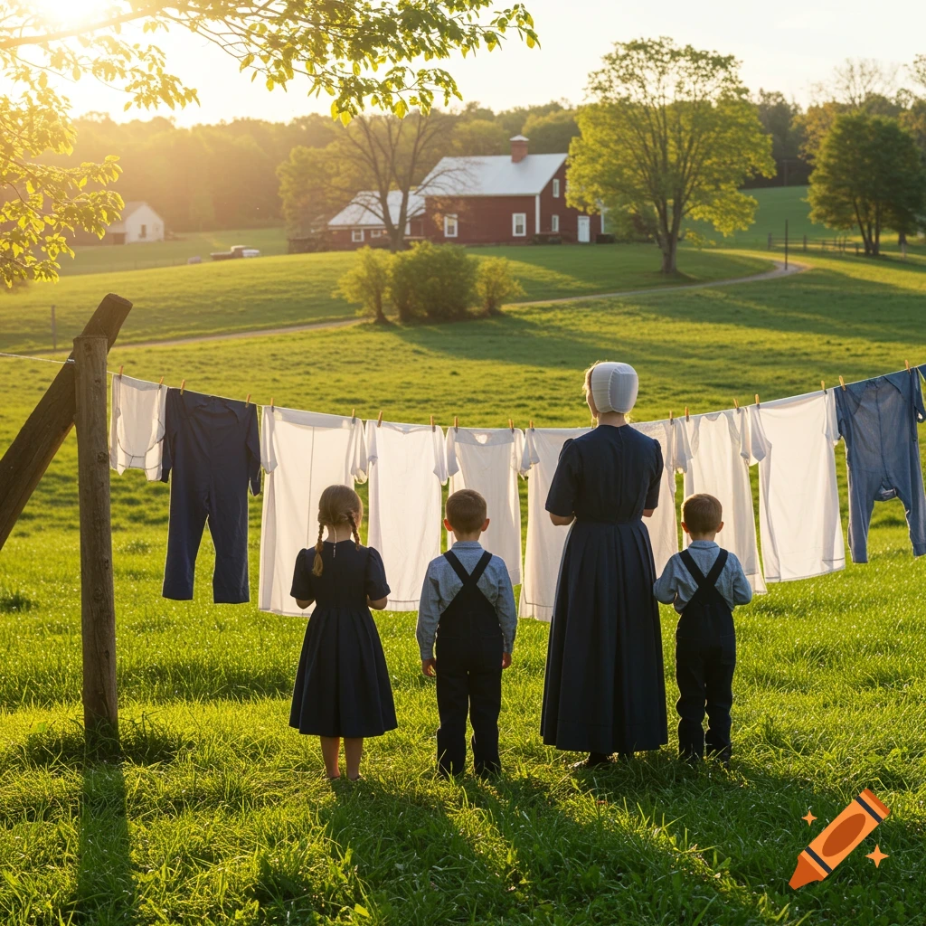 An Amish family hangs laundry on a clothesline at sunset in a rural field.