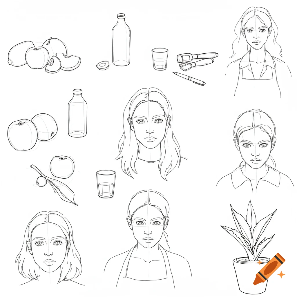 Contour line drawings of faces, fruit, bottles, glasses, tools, and a potted plant on a white background