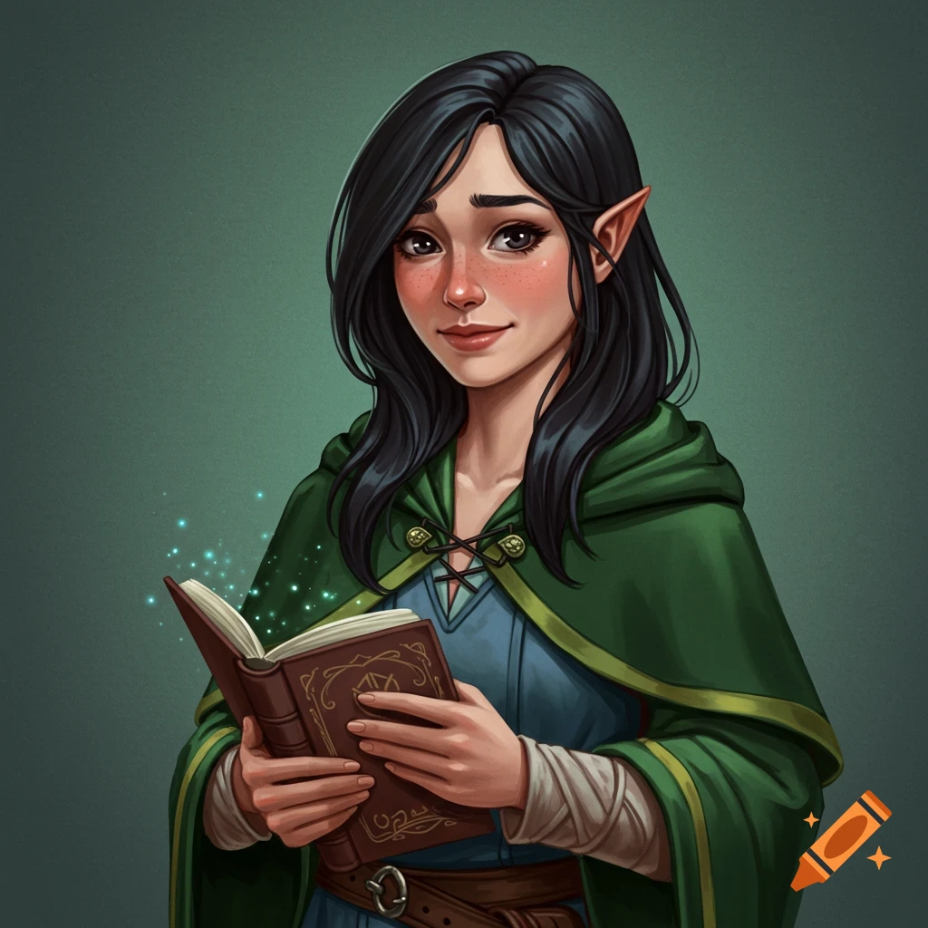 An elf mage's apprentice in green robes holding a glowing spellbook.