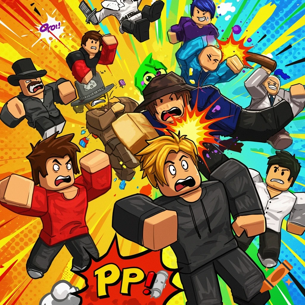 Roblox characters in a chaotic slap fight, comic book style with action ...