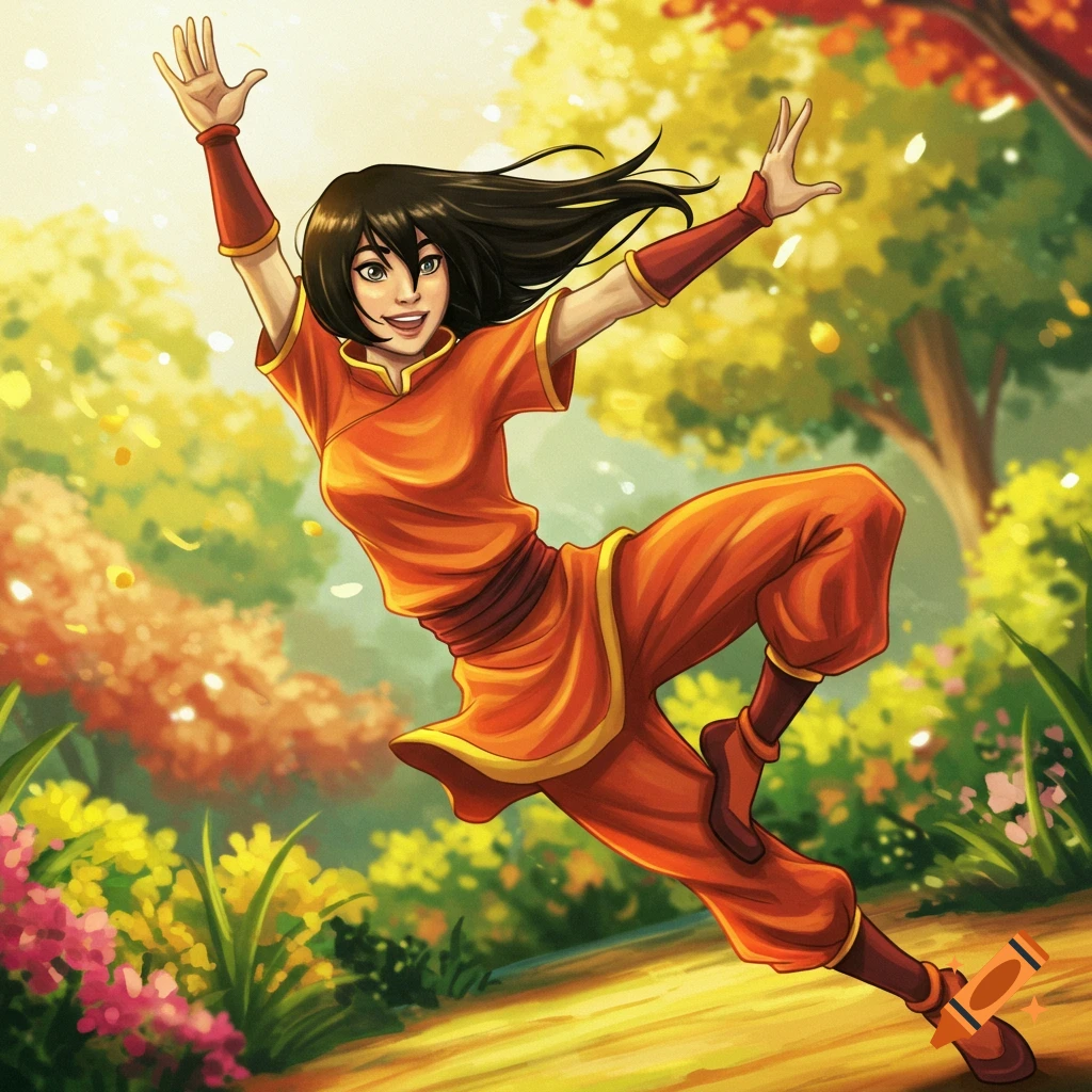 A character in orange martial arts outfit is jumping in a park.