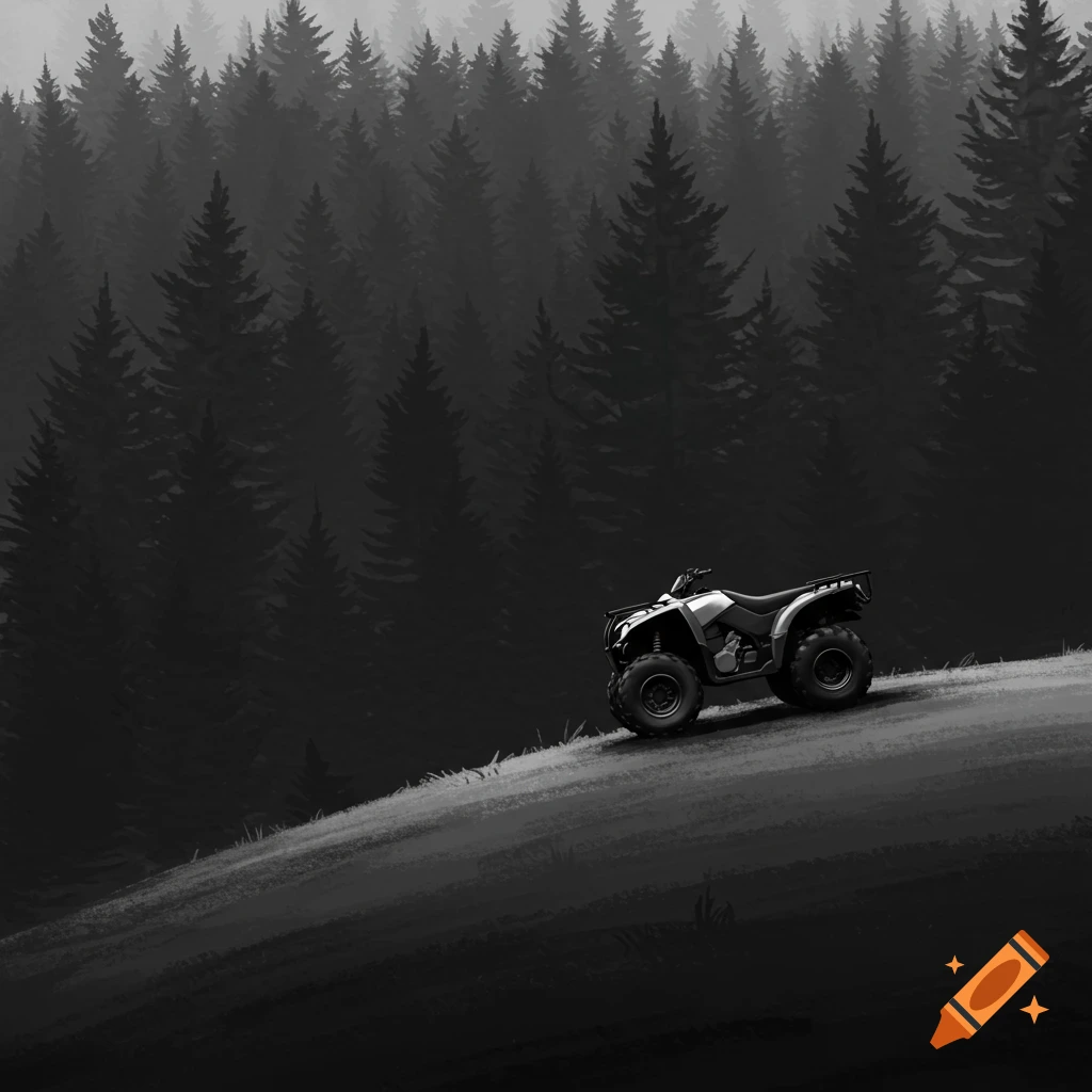 Black and white image of a quad bike on a grassy hill in front of a forest.