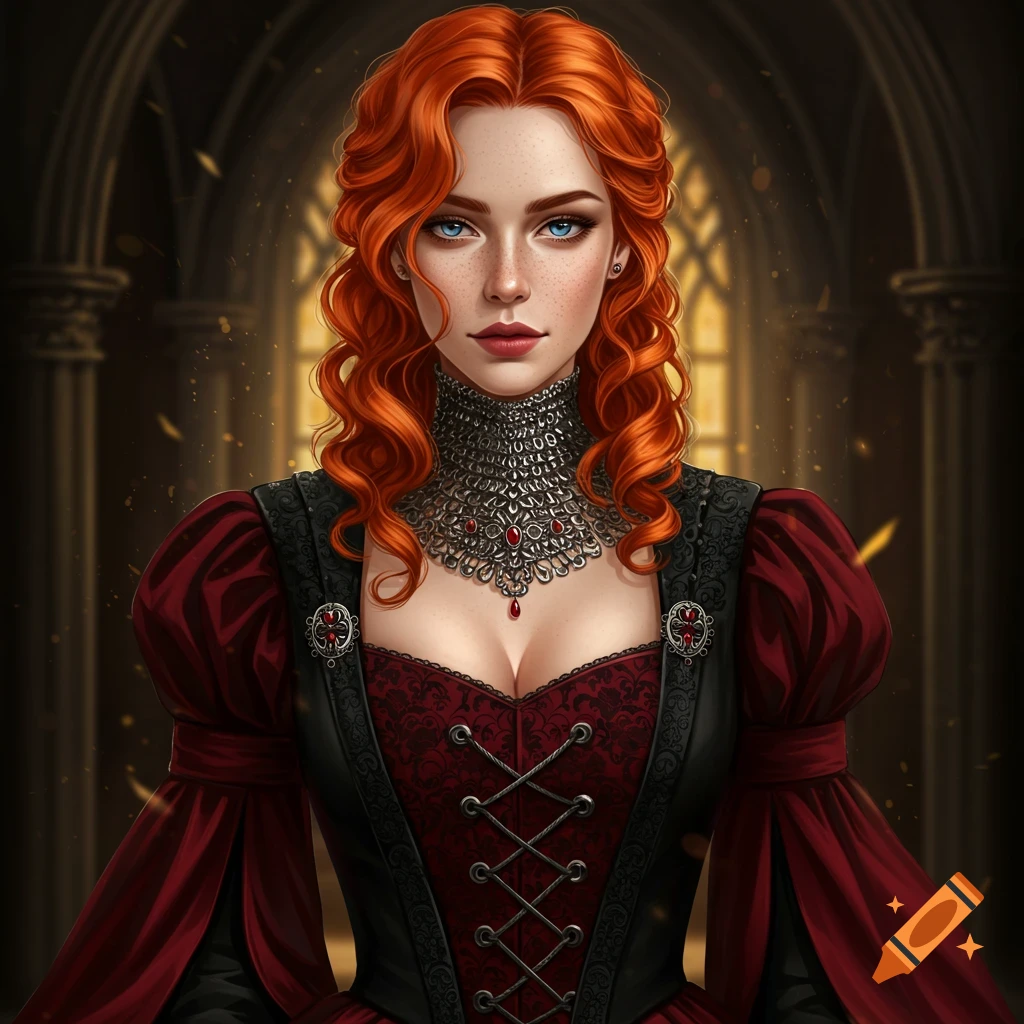 A red-haired woman with blue eyes wearing a red and black medieval-inspired gown in a stone hall.