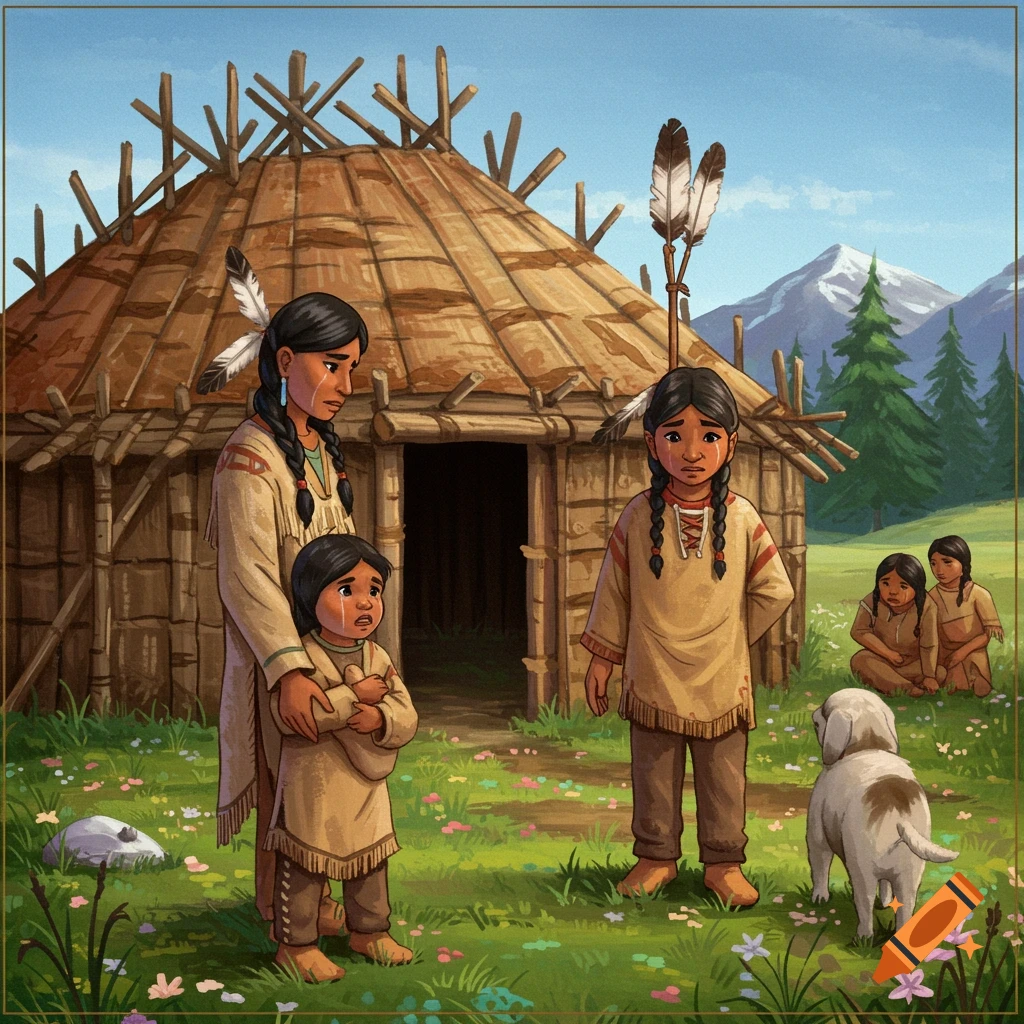 Native Americans and a dog outside a lodge