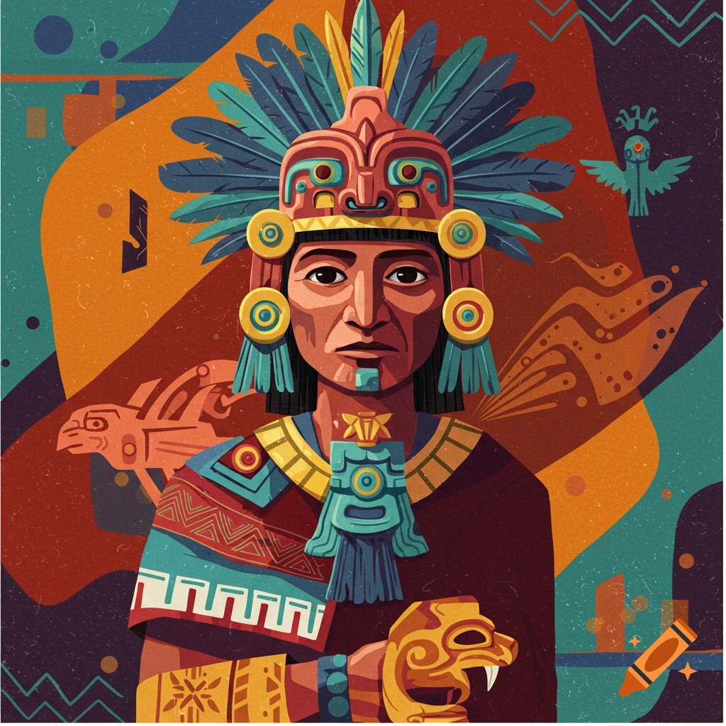 Illustration of an Inca figure in ceremonial headdress and attire, holding a golden object, with symbols in the background.