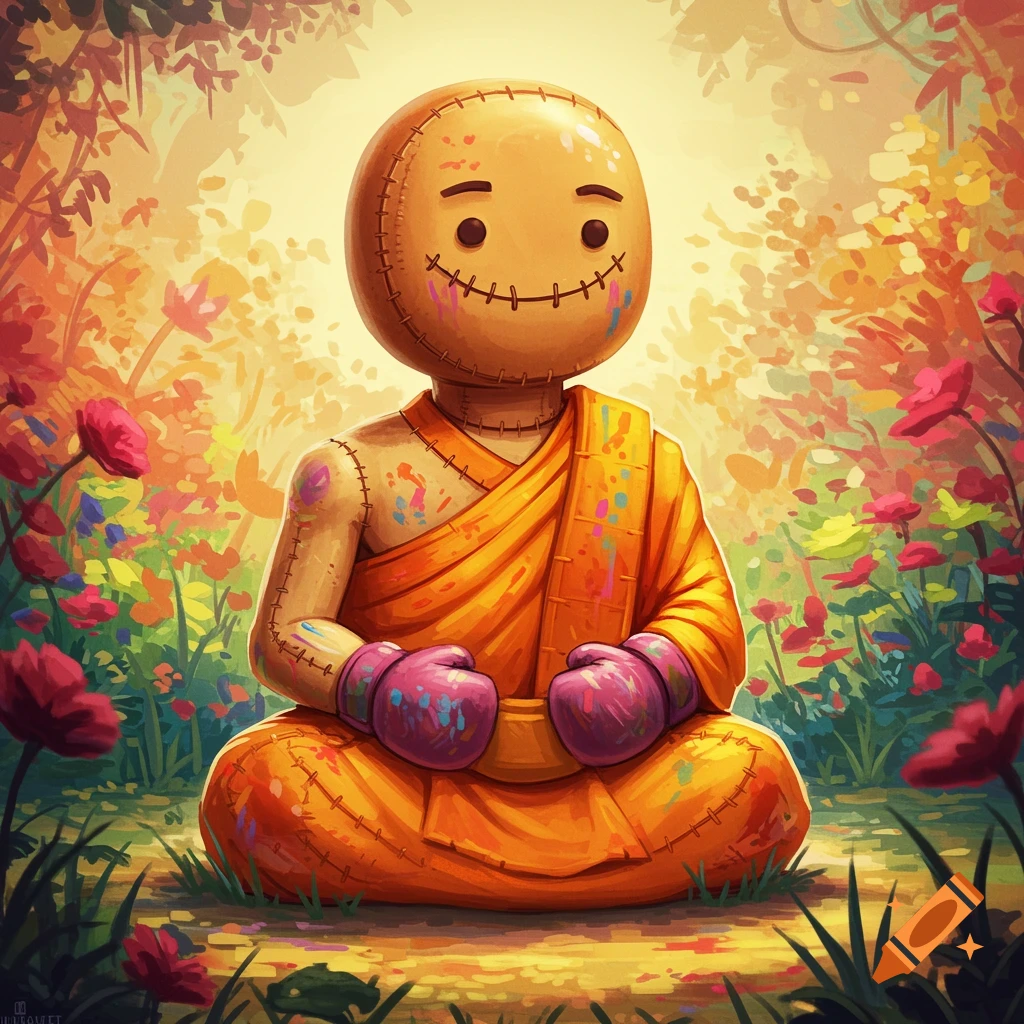 Cartoonish stitched figure in monk robes and boxing gloves meditating in a colorful garden.