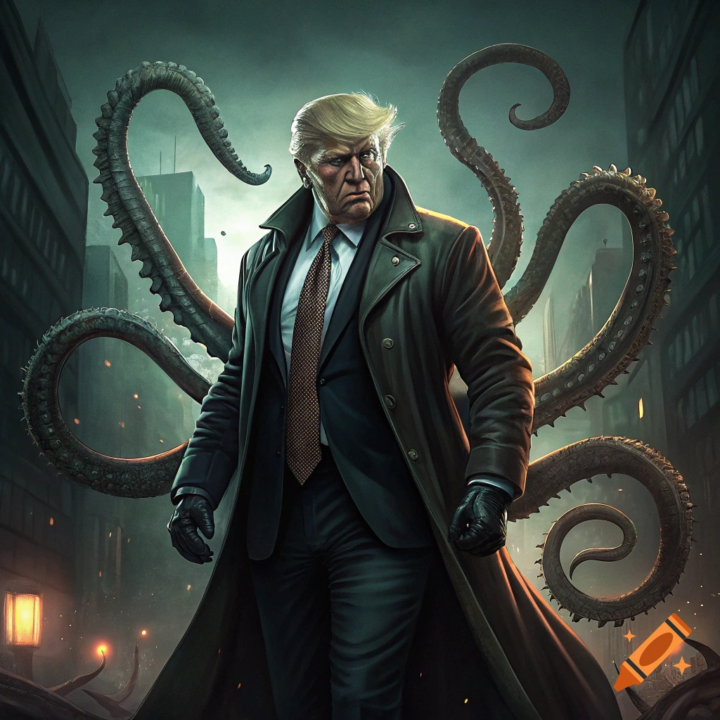 Donald Trump depicted as a figure with large tentacles in a city street