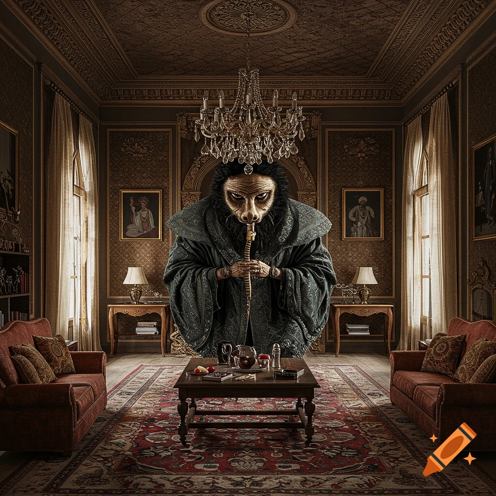 A large, grotesque creature with a snout stands in a lavish room, holding a pipe.