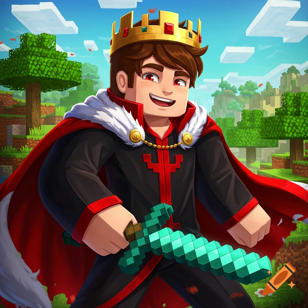 A character in a crown and cape holds a sword in a blocky, Minecraft-style landscape.