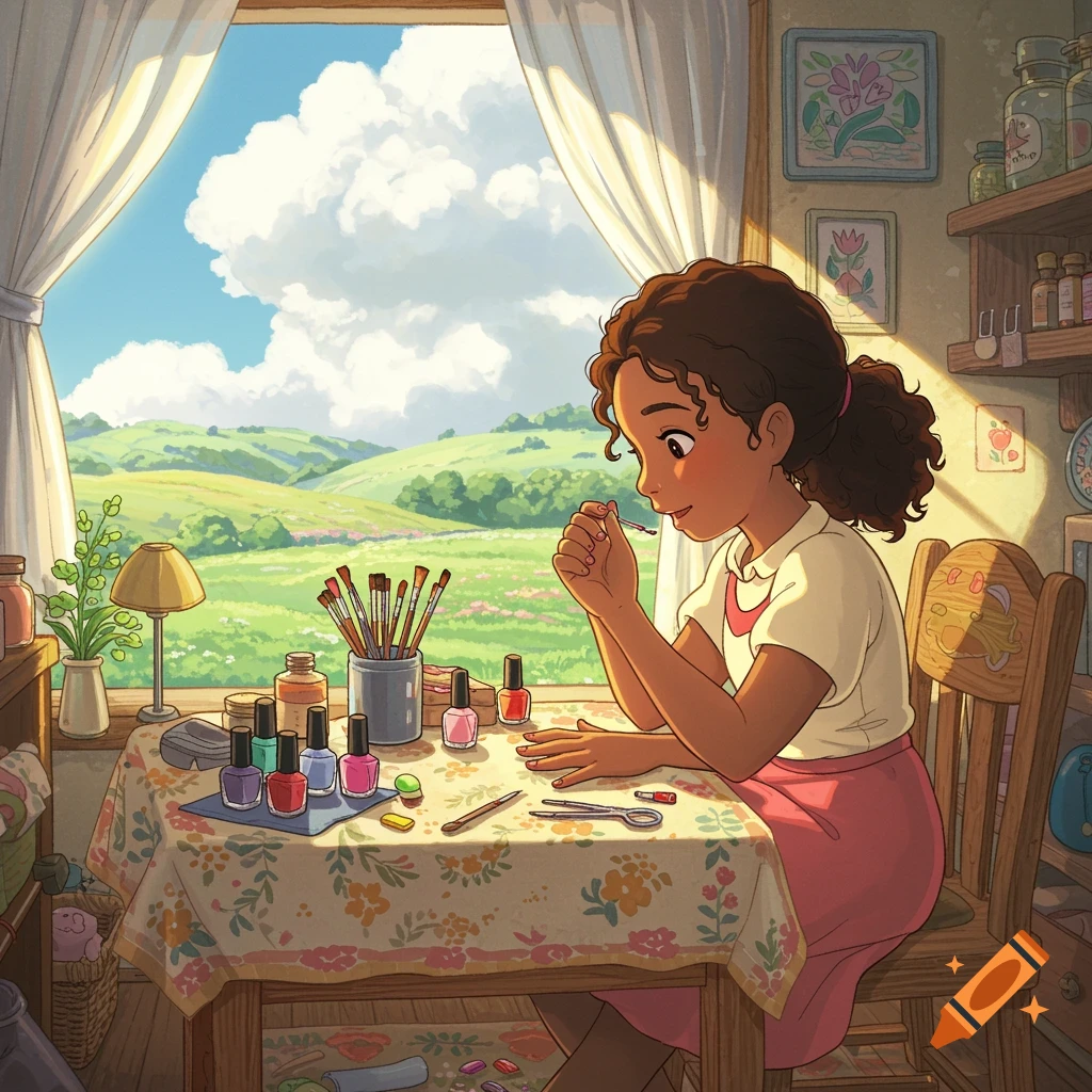 A young girl painting her nails at a table by a window overlooking a landscape, in Ghibli animation style.