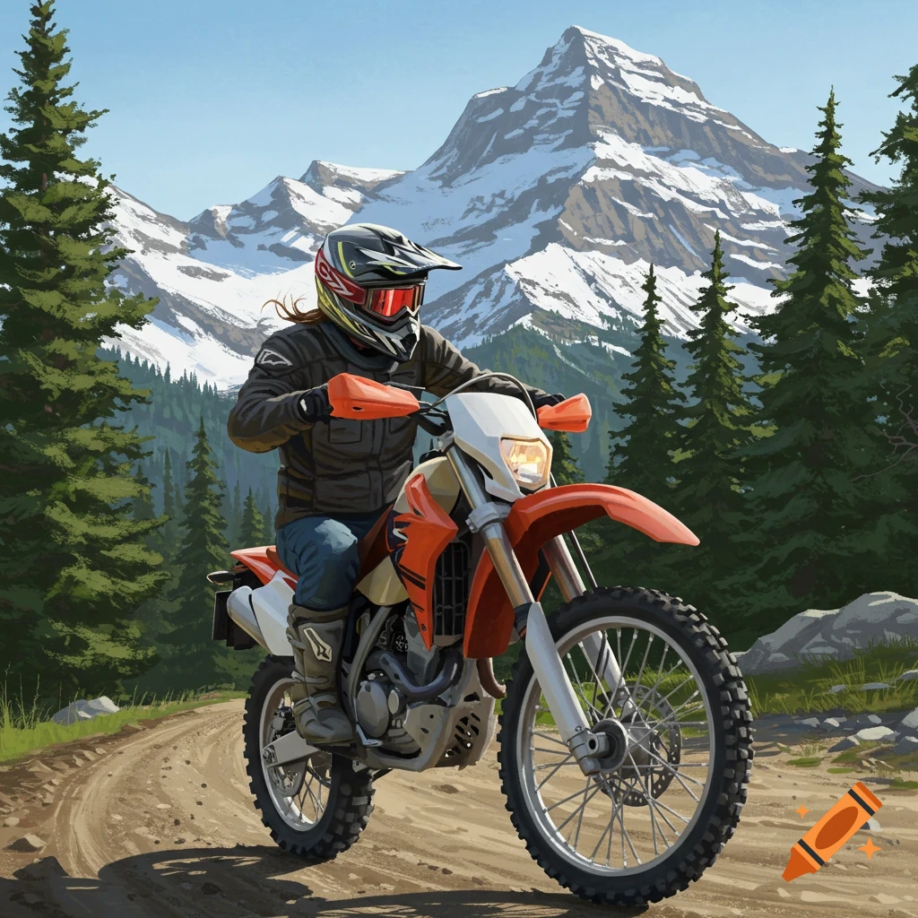 A person rides a dirt bike on a dirt trail through a forest towards snowy mountains.