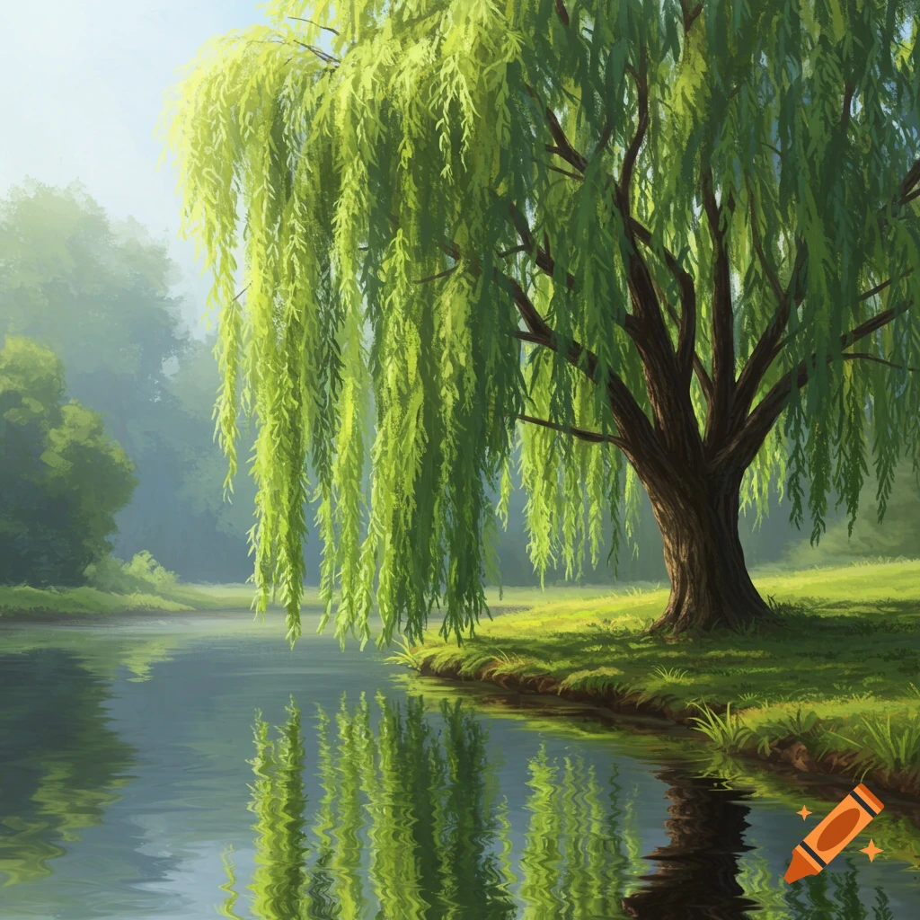 Weeping willow tree by a river.
