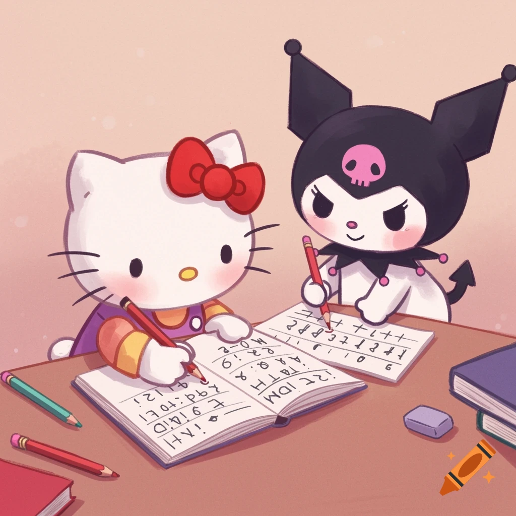 Hello Kitty and Kuromi sit at a desk, studying in a cute cartoon style.