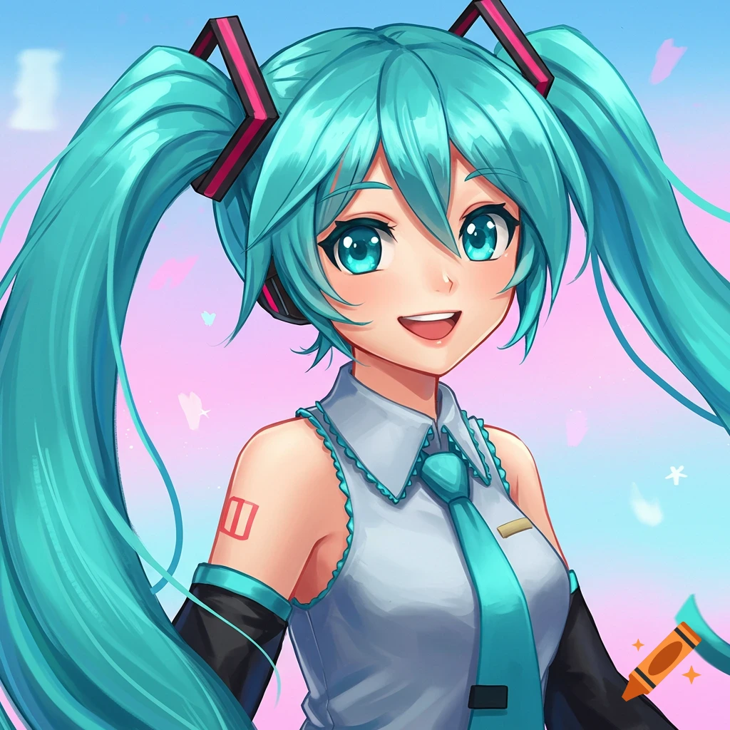 A smiling anime girl with long teal pigtails.