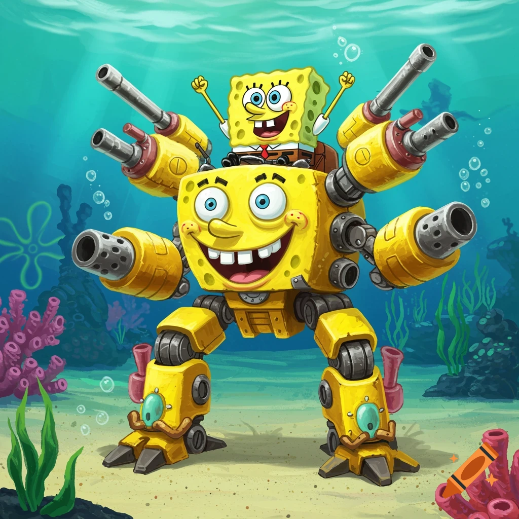 SpongeBob SquarePants pilots a large yellow mech underwater.