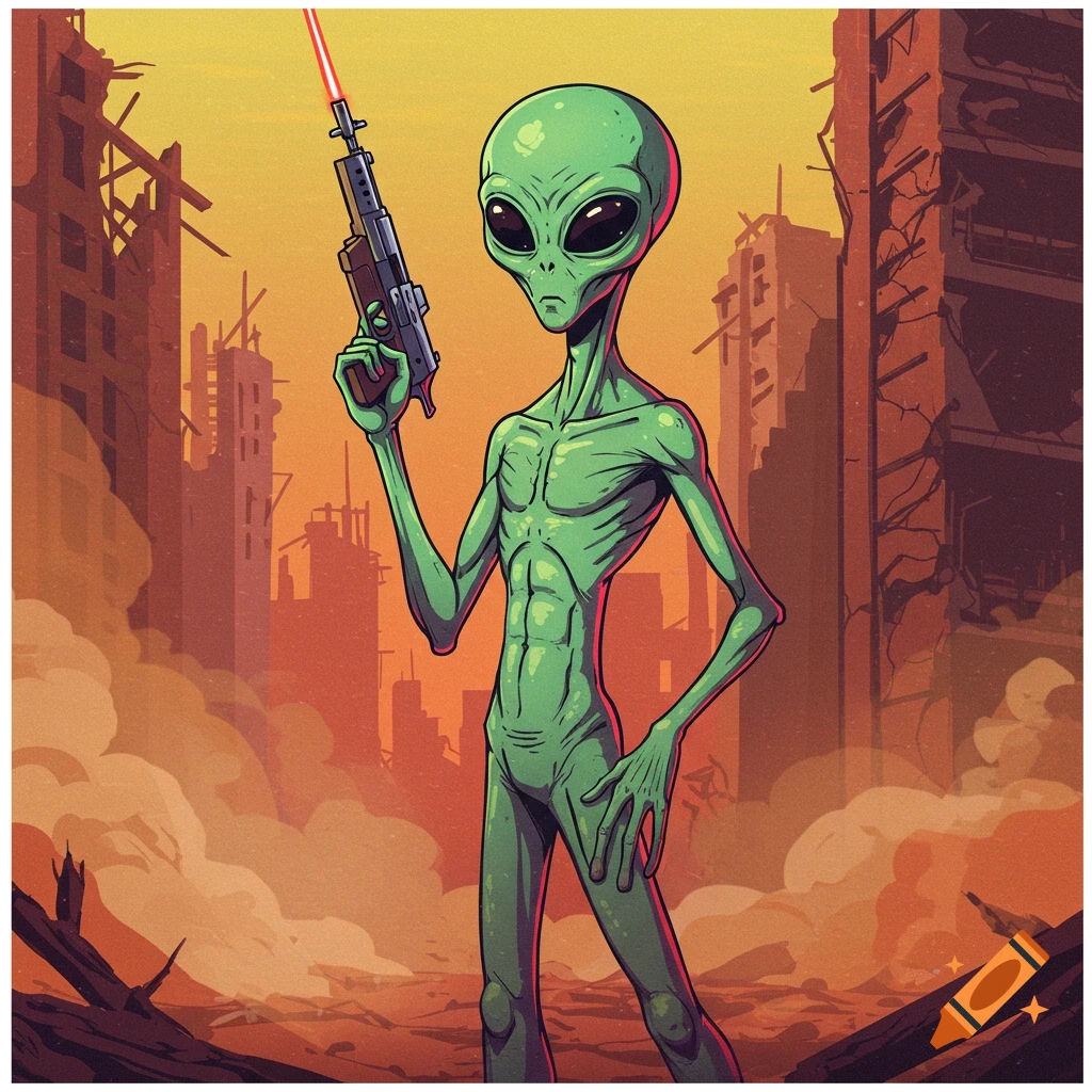 Green alien with a laser pistol stands in a ruined city landscape.