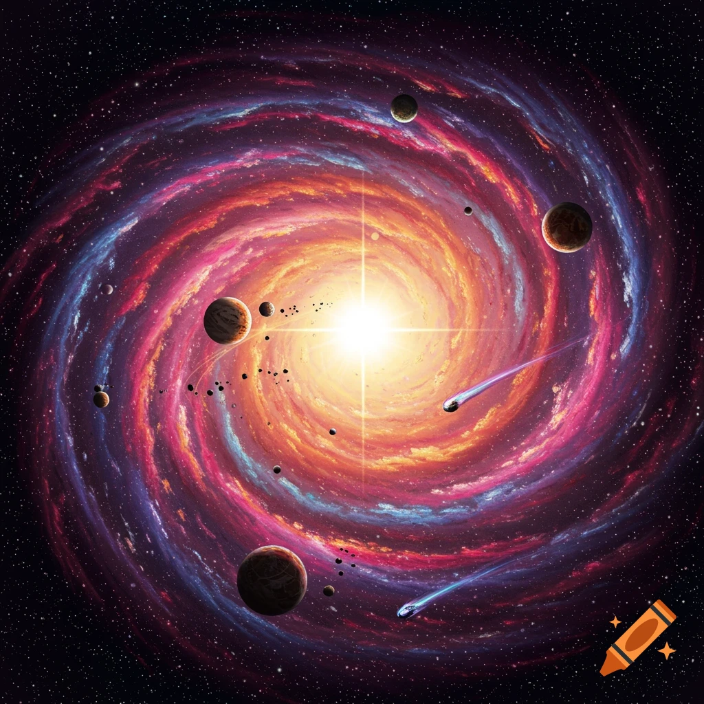 A swirling spiral galaxy with planets and comets
