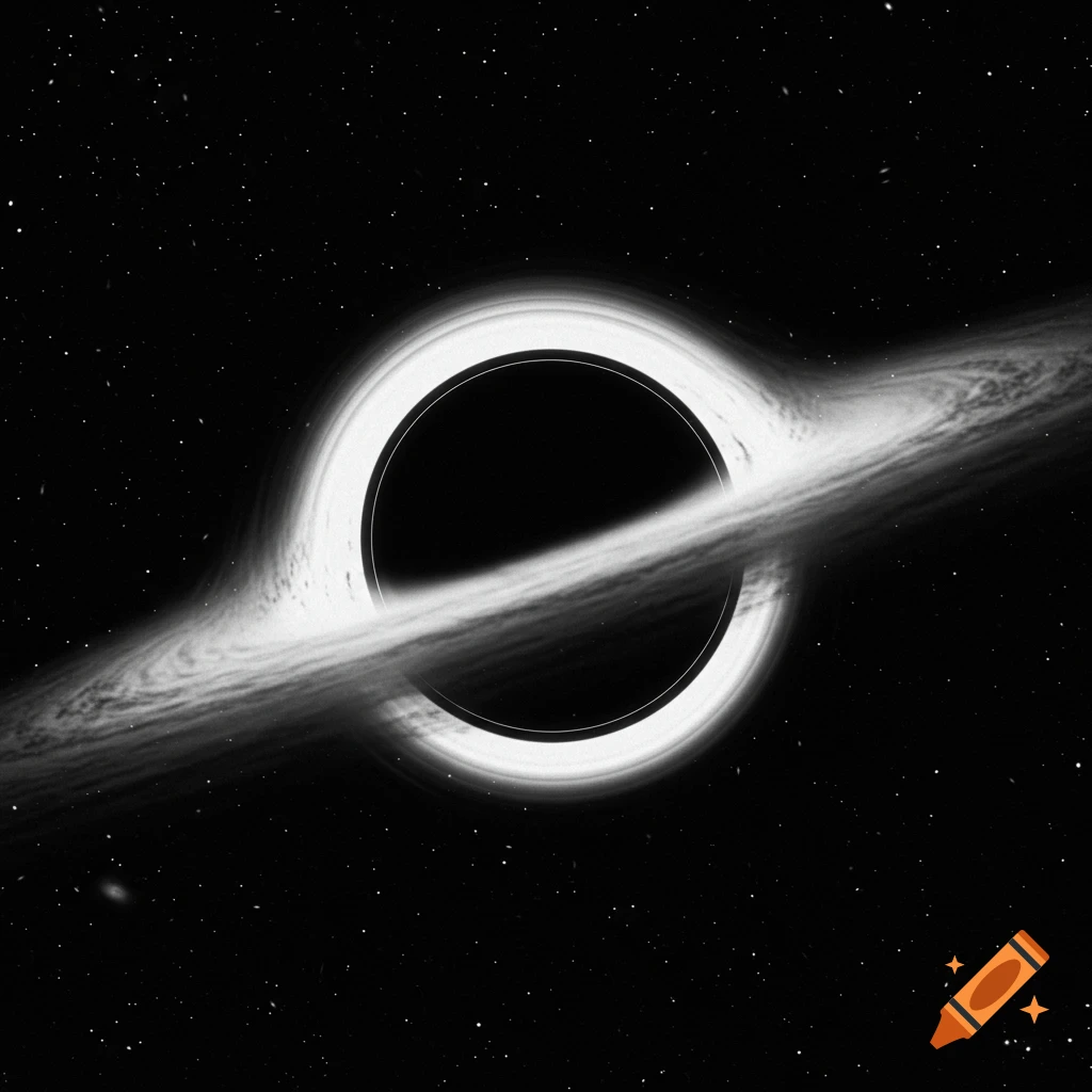 A black hole with a bright accretion disk against a starry background, in a realistic photo style.