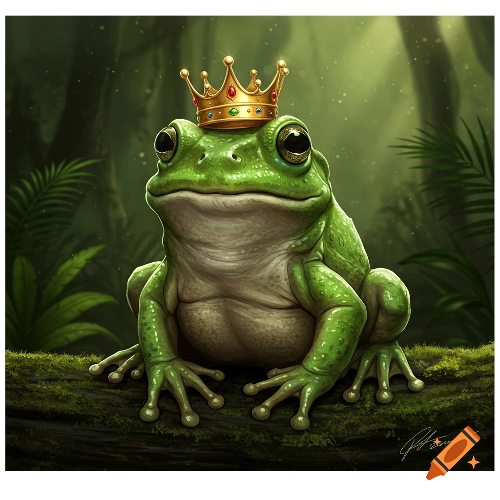 A realistic green frog wearing a gold crown sits on a mossy log in a forest.