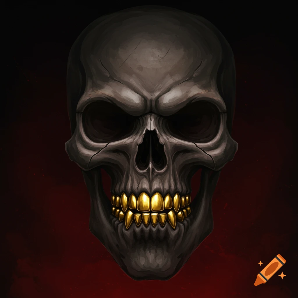 A dark grey skull with gold teeth against a dark red background.