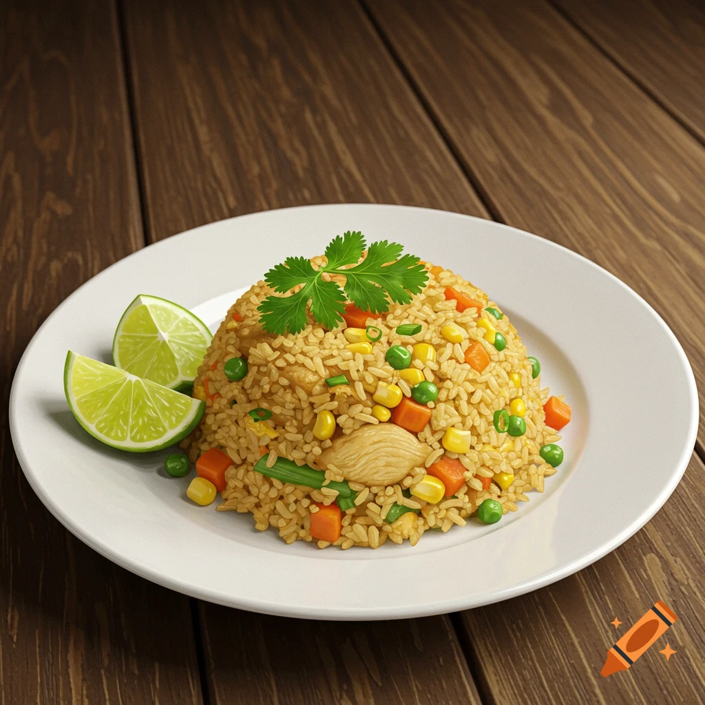 A plate of fried rice with vegetables, chicken, lime, and cilantro on a wooden table.