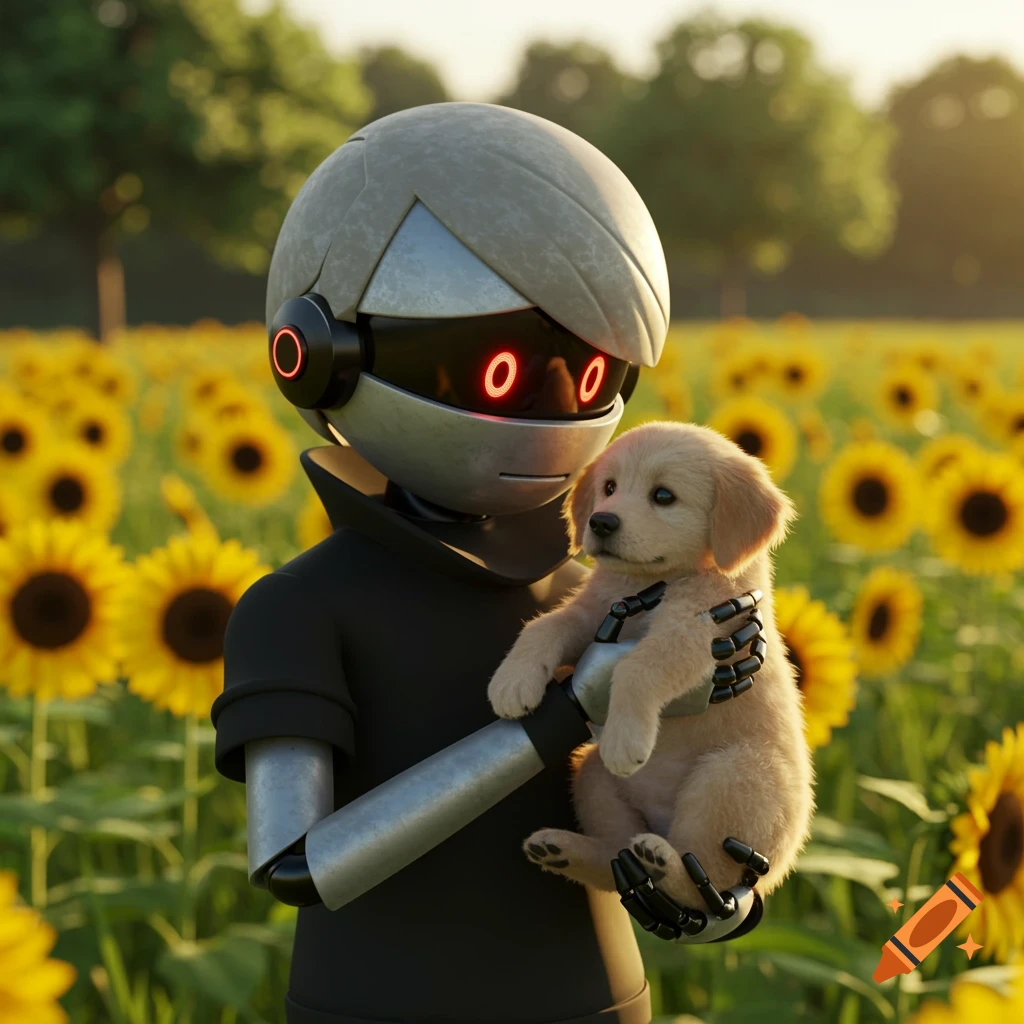 A robot with glowing red eyes holds a golden retriever puppy in a sunflower field during sunset.