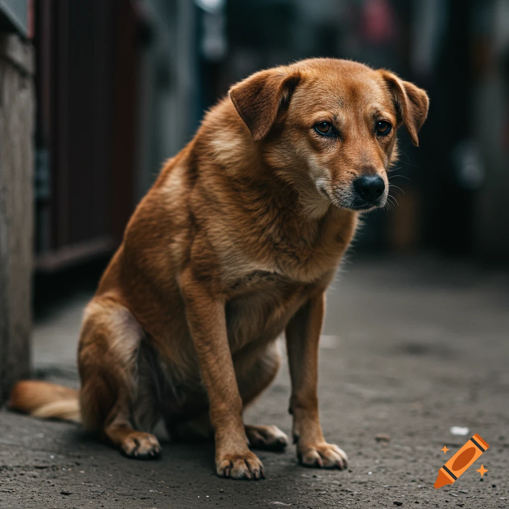 Photorealistic image of a sad brown dog sitting on the ground.
