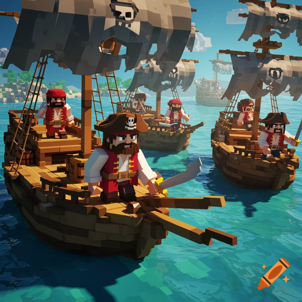 Voxel art of blocky pirates on ships sailing in a blue-green sea.