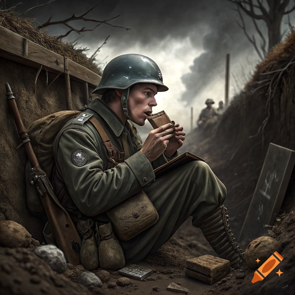 Realistic illustration of a WW2 German soldier eating chocolate in a muddy trench
