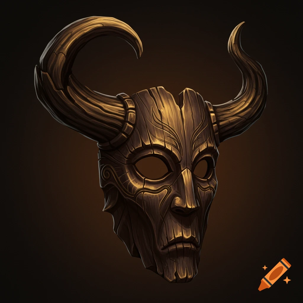 A wooden mask with large curved horns.