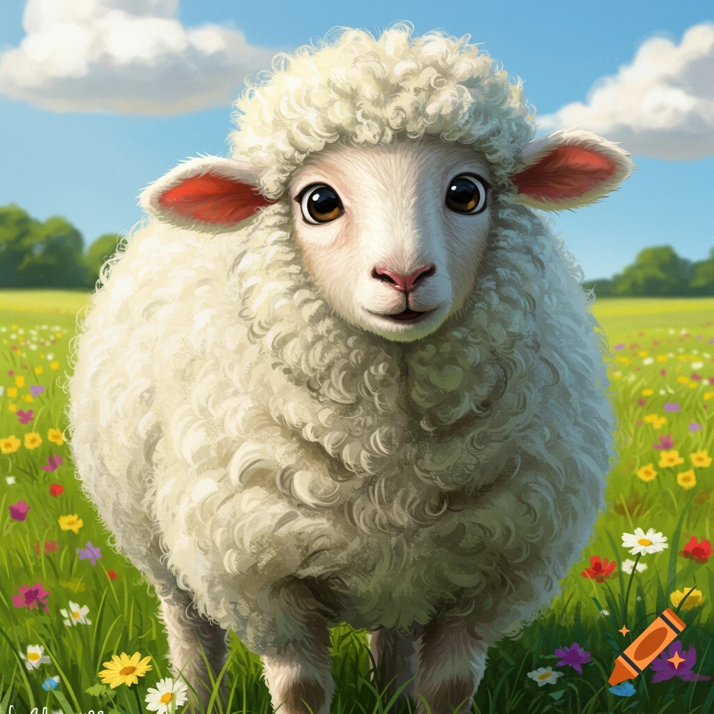 A cute lamb with curly wool stands in a field of colorful wildflowers under a blue sky with clouds.