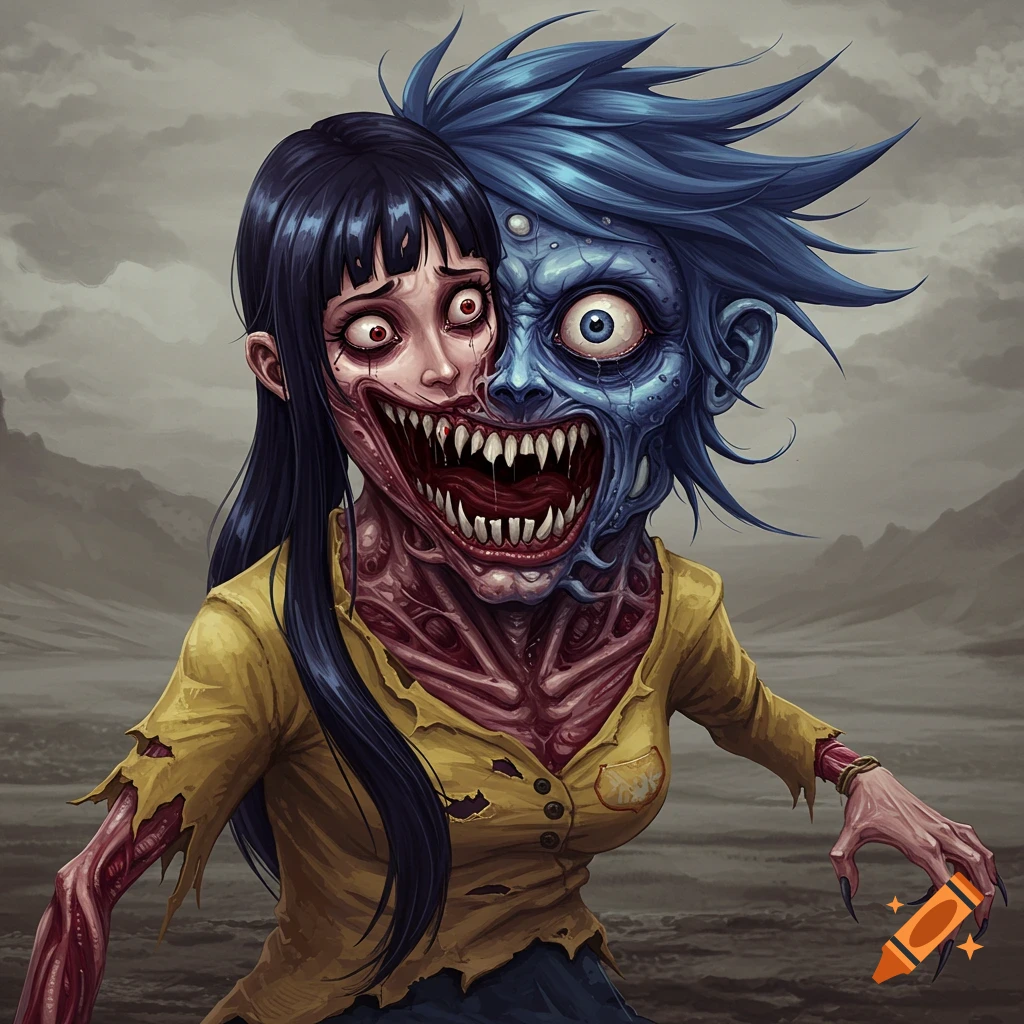 A horrifying creature, half woman, half blue monster, with exposed flesh and sharp teeth.